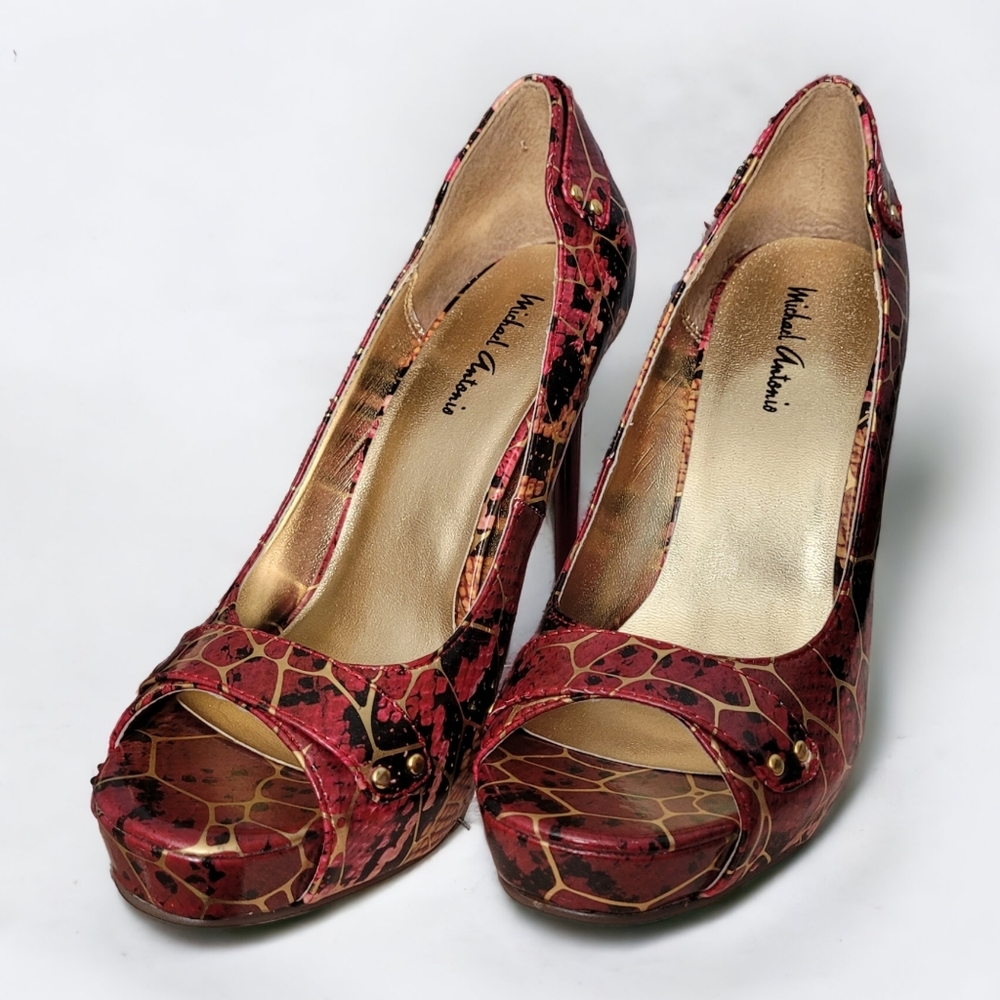 Michael Antonio Red Gold Animal Print Peep Toe Pumps SZ 6.5 US